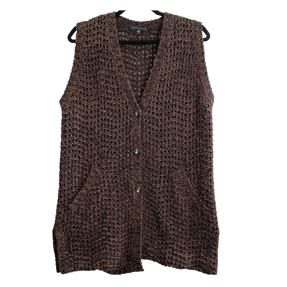 SANCTUARY Women Open Knit Sleeveless Button Front Sweater Sz L Brown 54-3